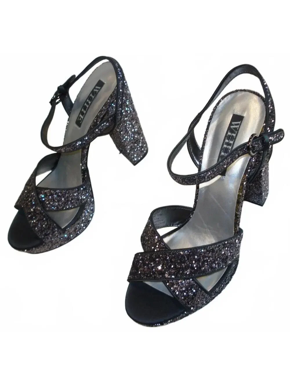 BNWT White by Vera Wang Grey & Black Glitter Heels / Sandals Women's Size 10